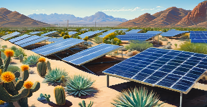 A vibrant community solar garden in Tucson with solar panels and desert plants, under a clear blue sky with mountains in the background.