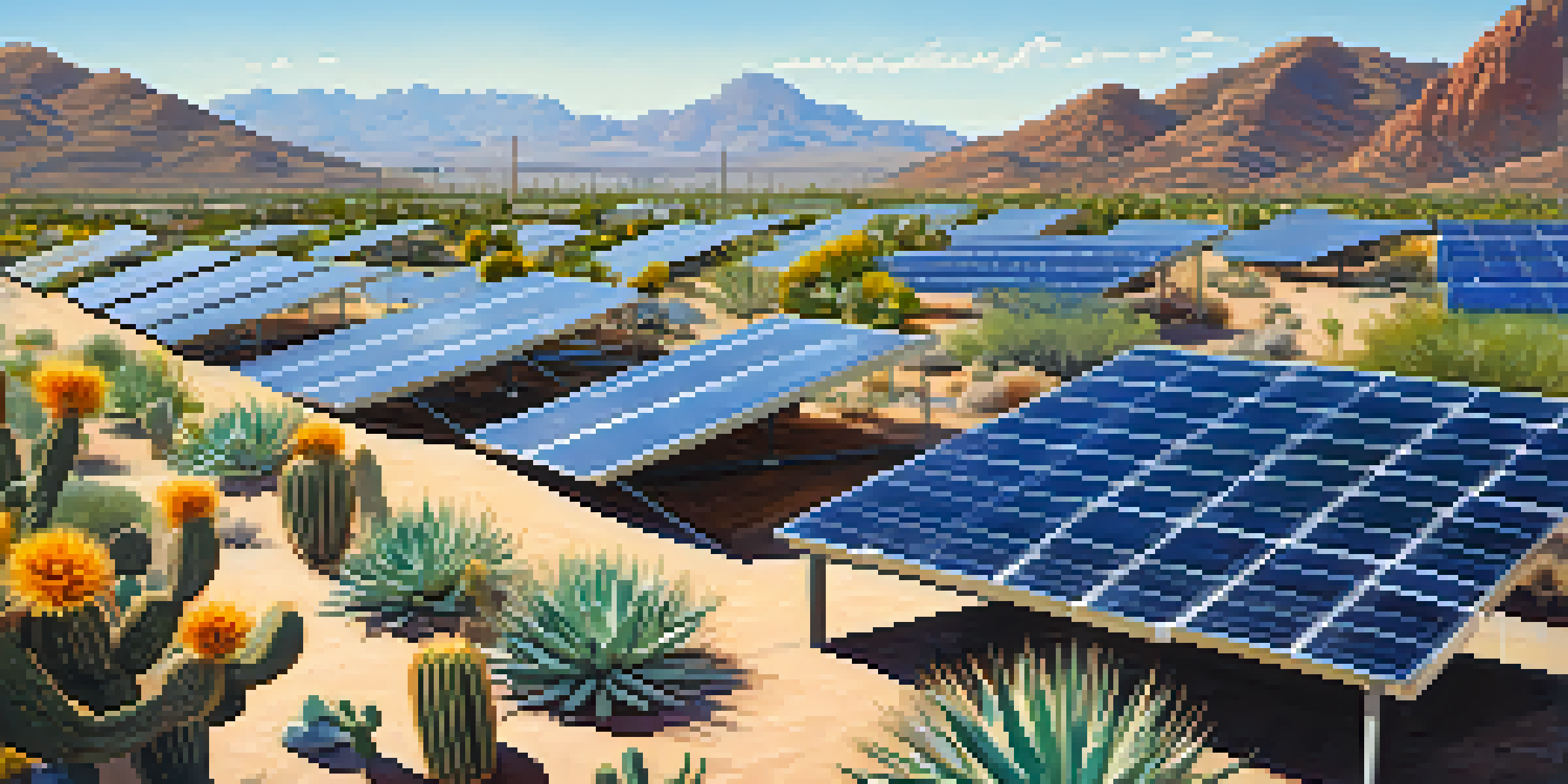 A vibrant community solar garden in Tucson with solar panels and desert plants, under a clear blue sky with mountains in the background.