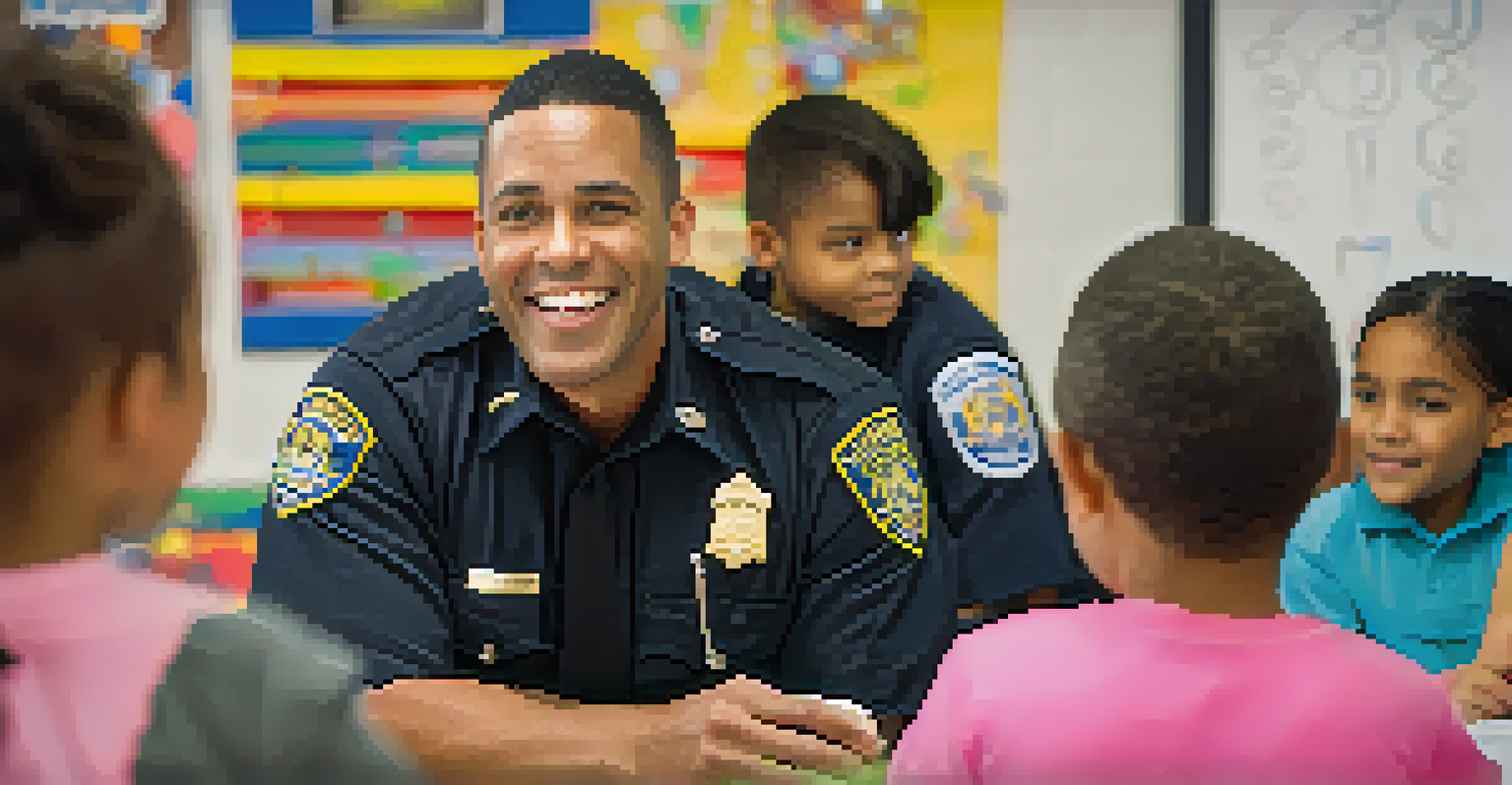A local Tucson police officer teaching children safety tips in a classroom setting, with educational posters in the background.