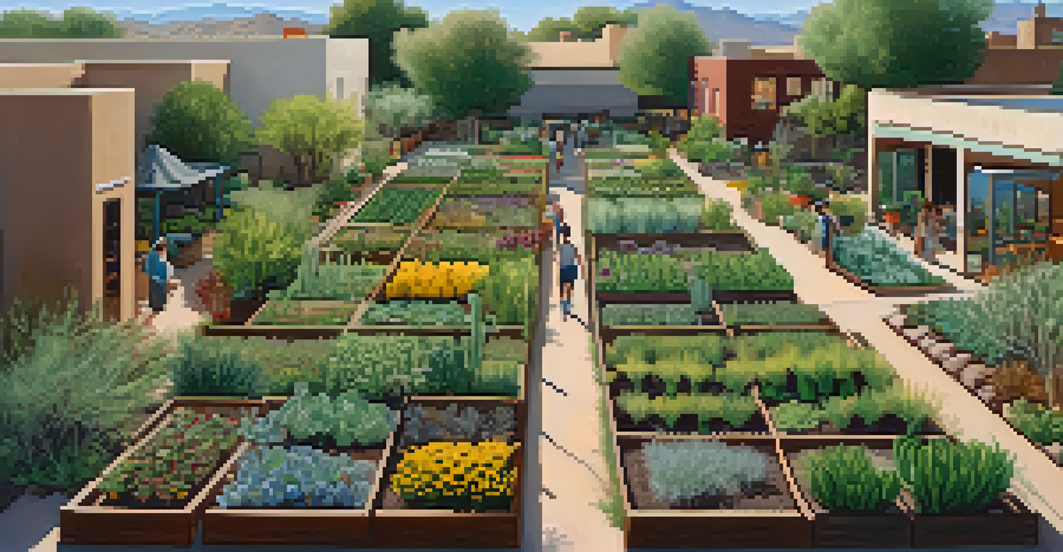 An aerial view of a Tucson community garden with various crops, flowering plants, and people gardening together.