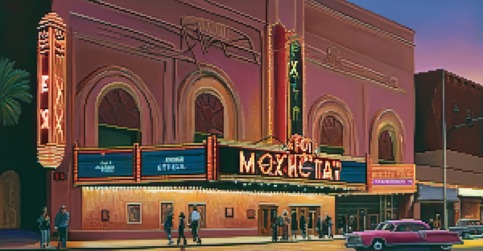 A sunset view of the historic Fox Theatre in Tucson, illuminated by warm colors and marquee lights, with pedestrians walking by.