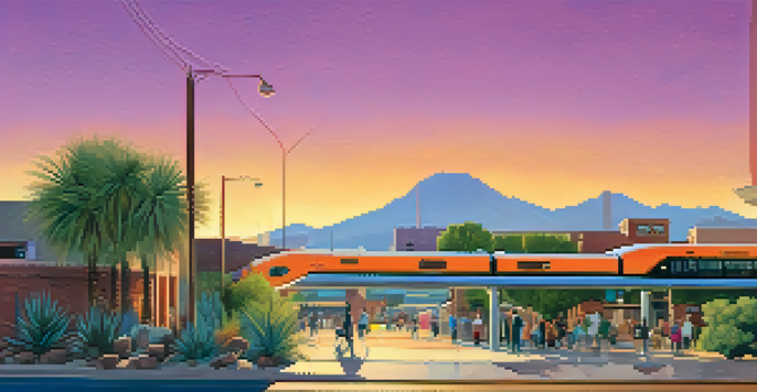 A colorful sunset cityscape of Tucson with a light rail system, modern buildings, and desert landscaping with cacti.