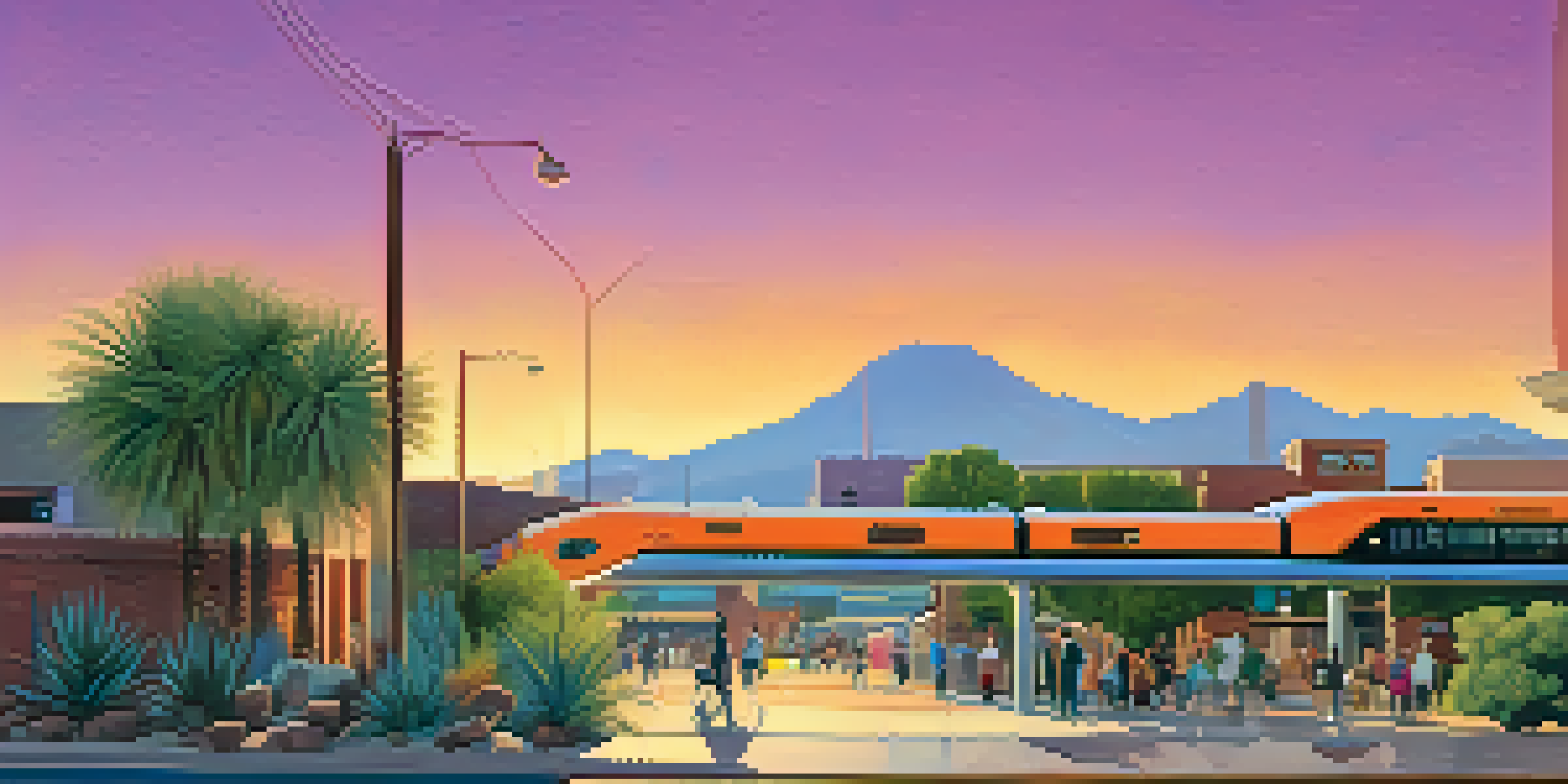 A colorful sunset cityscape of Tucson with a light rail system, modern buildings, and desert landscaping with cacti.