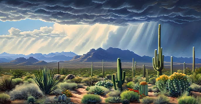 A wide view of the Sonoran Desert with dark clouds and vibrant cacti and wildflowers, capturing the beauty of the landscape during the summer monsoon season.