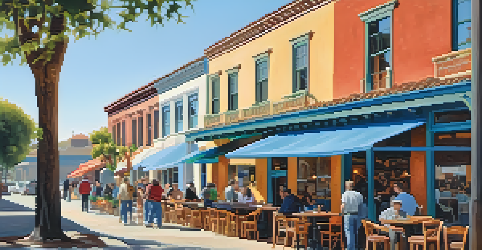 Colorful adobe buildings with murals, modern shops, and people walking on cobblestone streets in a vibrant district.