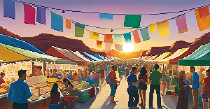 A lively outdoor film festival scene in Tucson with diverse attendees, colorful banners, and food stalls under a warm sunset.