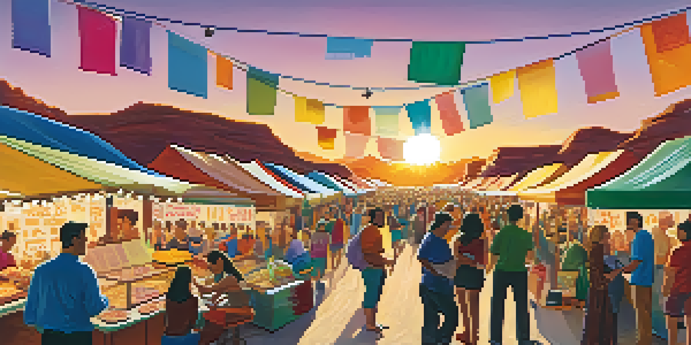 A lively outdoor film festival scene in Tucson with diverse attendees, colorful banners, and food stalls under a warm sunset.