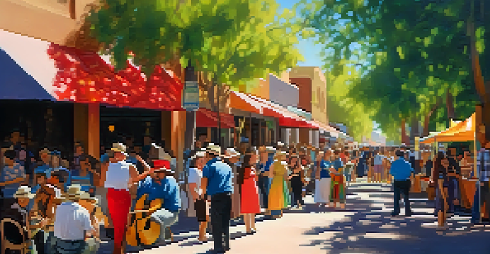 A lively outdoor festival scene with musicians performing and crowds enjoying the Tucson Folk Festival.