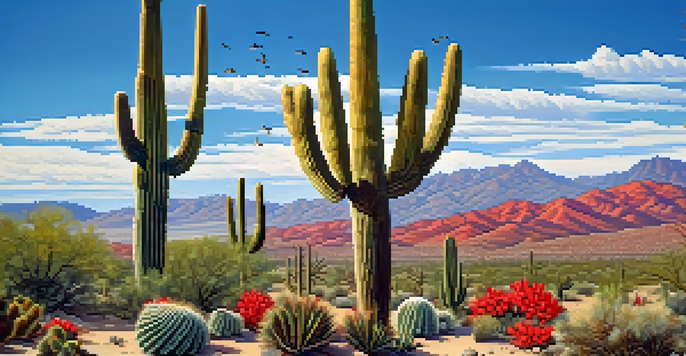 A colorful desert scene with different types of cacti, including a close-up of a prickly pear cactus with red fruits, and birds sitting on the cacti under a blue sky.
