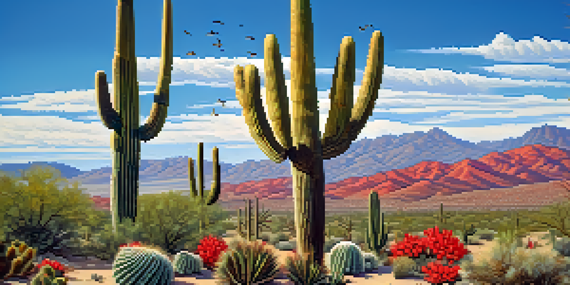 A colorful desert scene with different types of cacti, including a close-up of a prickly pear cactus with red fruits, and birds sitting on the cacti under a blue sky.