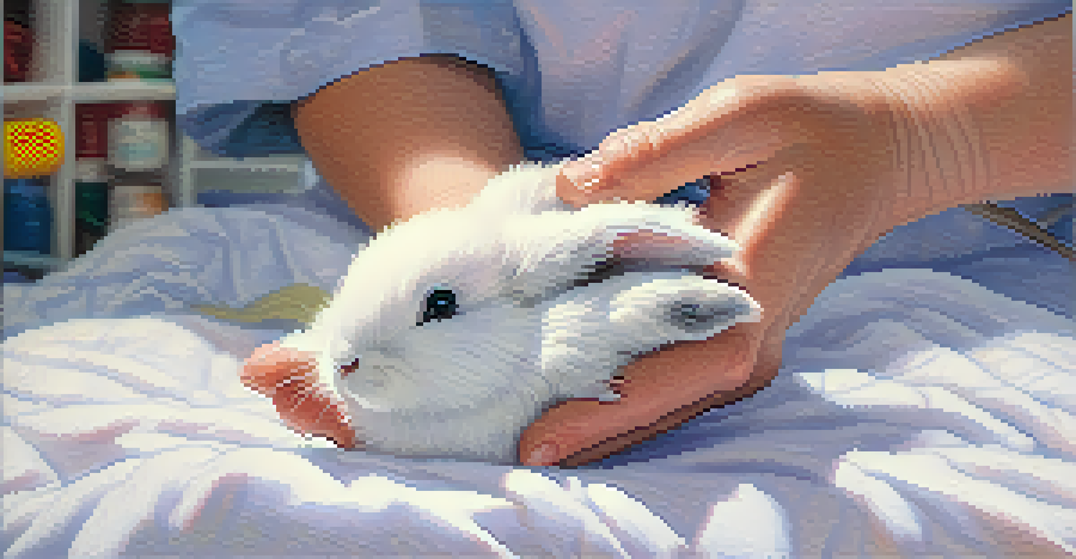 A close-up of a volunteer's hands holding a small rabbit in a rehabilitation center, with medical supplies in the background.