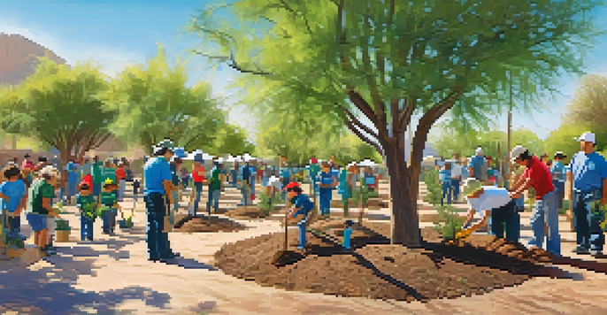 A community tree planting event with diverse volunteers in a sunny Tucson park, surrounded by desert plants.