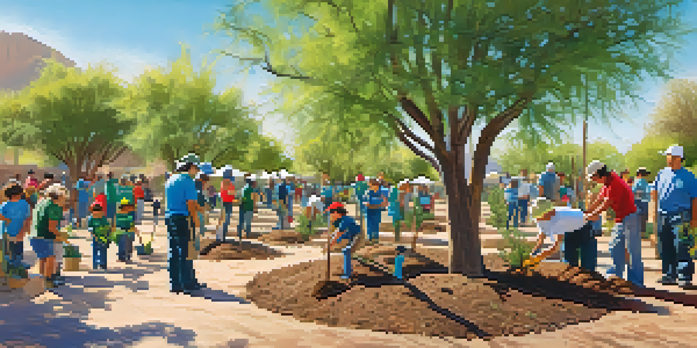 A community tree planting event with diverse volunteers in a sunny Tucson park, surrounded by desert plants.