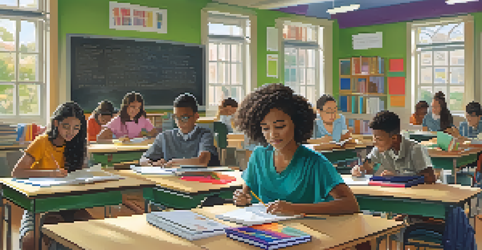 A lively classroom with diverse students collaborating on a project, surrounded by educational materials and bright natural light.