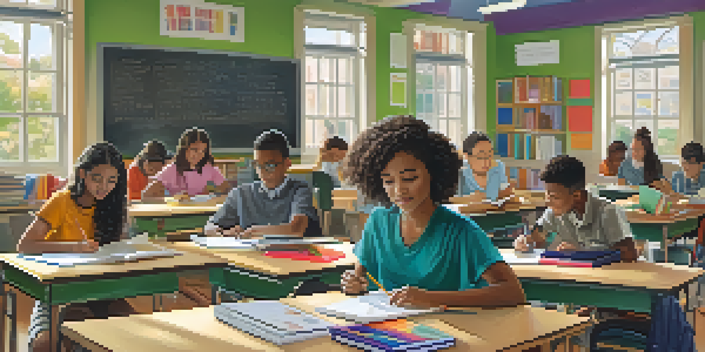 A lively classroom with diverse students collaborating on a project, surrounded by educational materials and bright natural light.