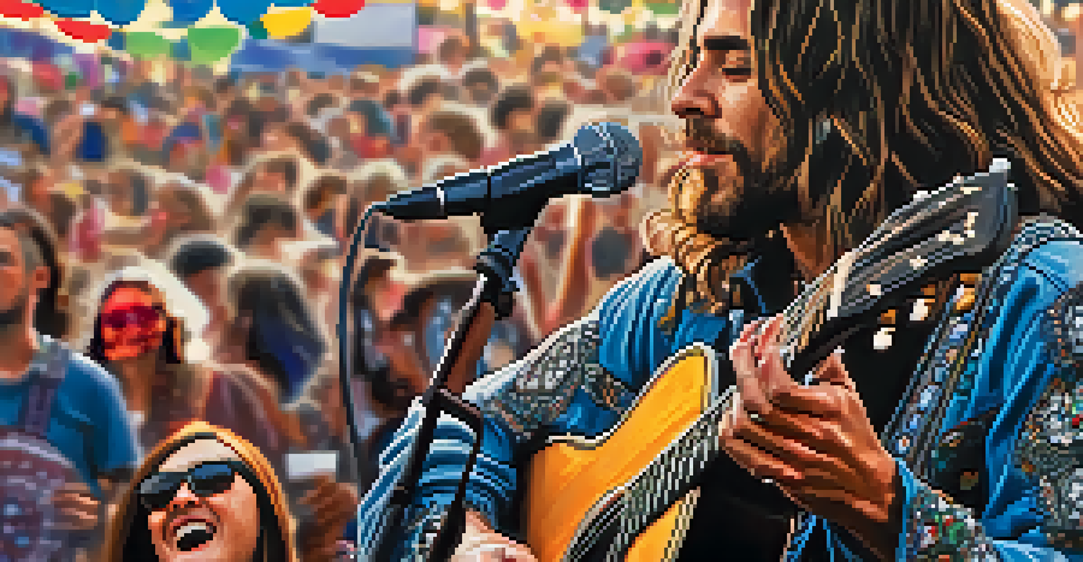 A local musician performing with an acoustic guitar at a music festival, surrounded by an engaged audience.