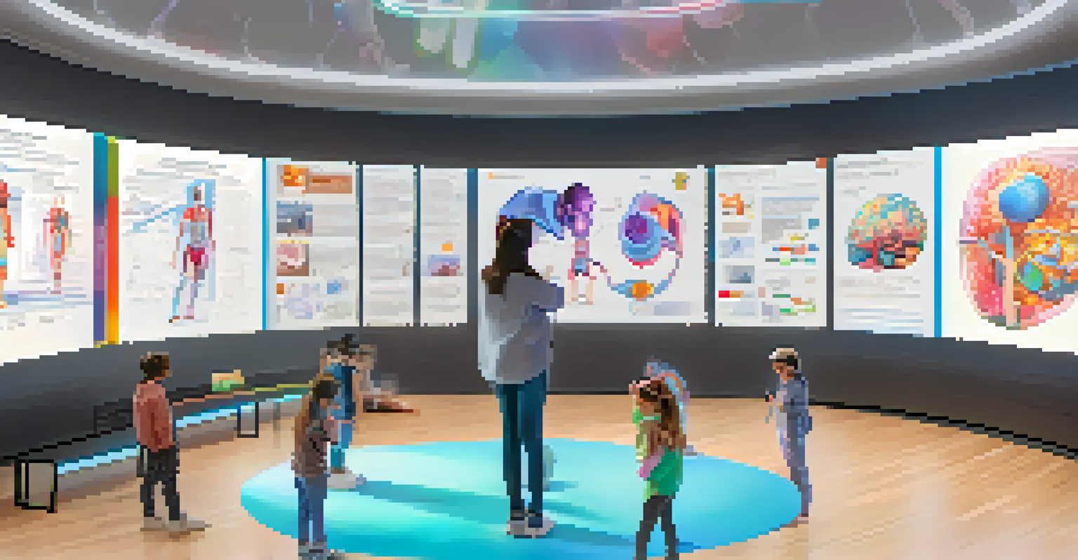 Students wearing VR headsets in a futuristic classroom, exploring a colorful 3D model of the human body during a biology lesson.