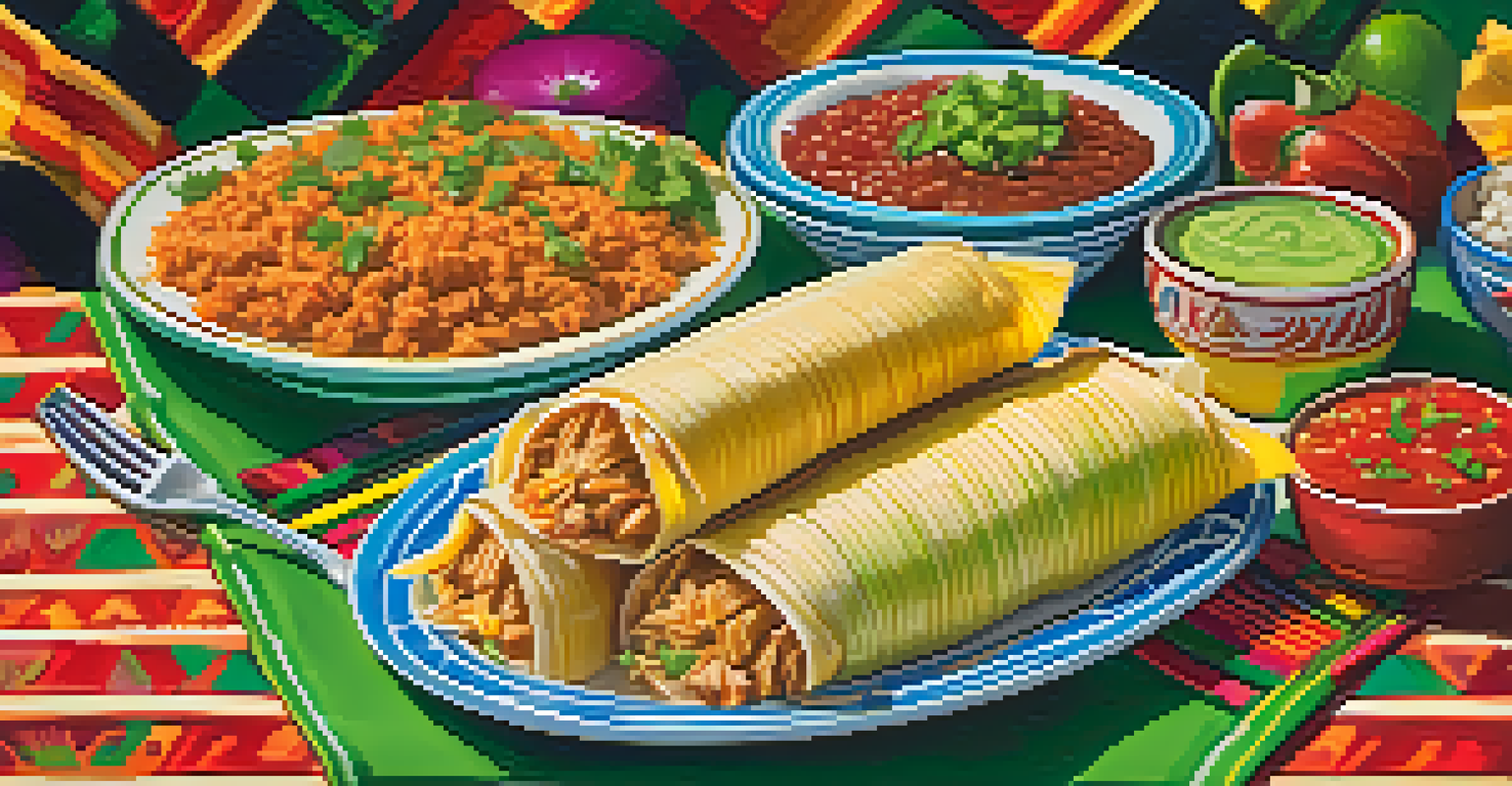 A close-up view of a plate of various tamales, garnished with salsa and lime, set against a festive background.