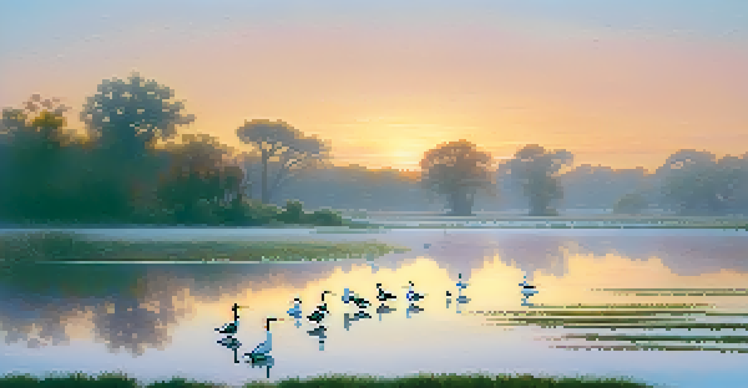 A peaceful wetland scene at sunrise with American Avocets and ducks, surrounded by mist and colorful reflections in the water.
