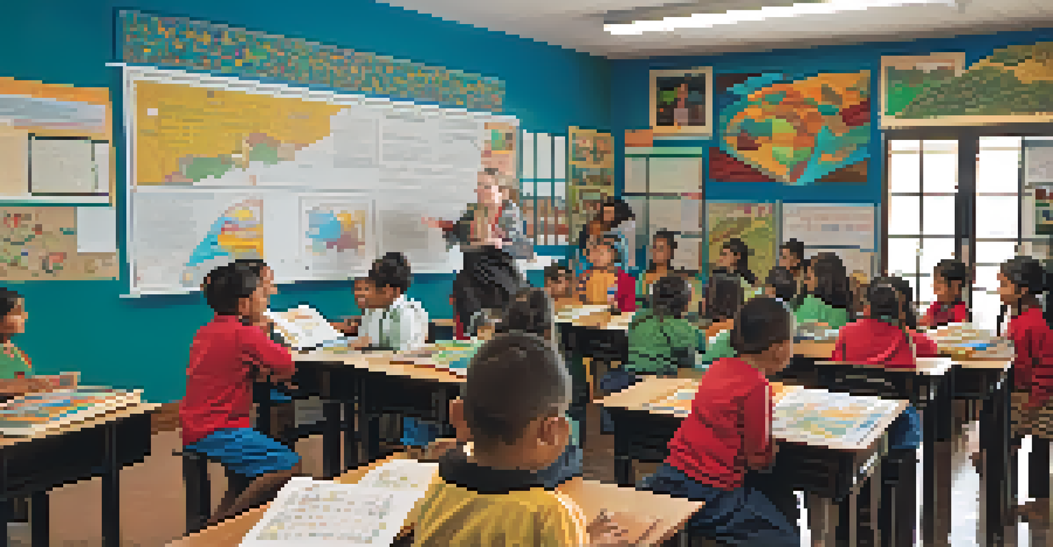 A classroom where Indigenous children are learning their ancestral language with a teacher and cultural artwork around them.