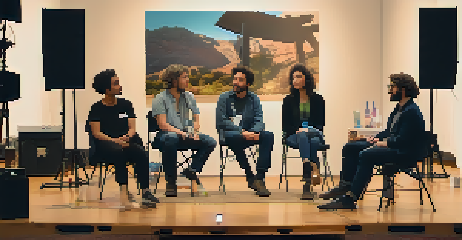 A panel of emerging filmmakers discussing their experiences on stage at Tucson's film festival, with an engaged audience in a warmly lit setting.
