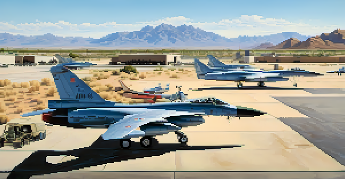 A wide view of Davis-Monthan Air Force Base in Tucson, showing military aircraft and personnel under a bright sky.