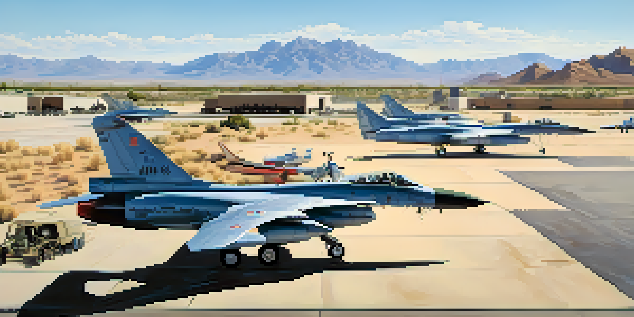 A wide view of Davis-Monthan Air Force Base in Tucson, showing military aircraft and personnel under a bright sky.