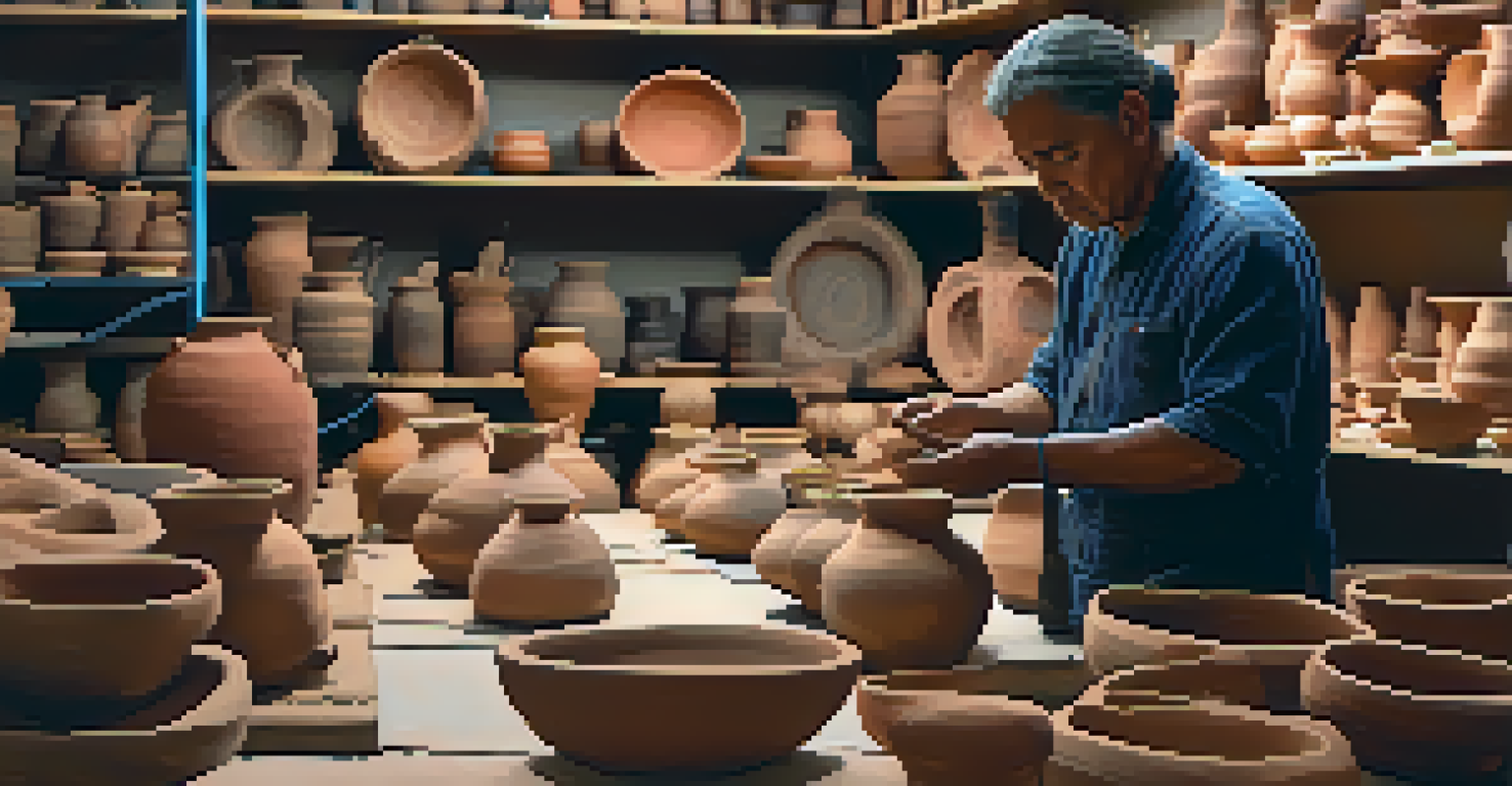 An artist demonstrating pottery techniques at an Indigenous festival, with attendees observing and shelves of pottery in the background.