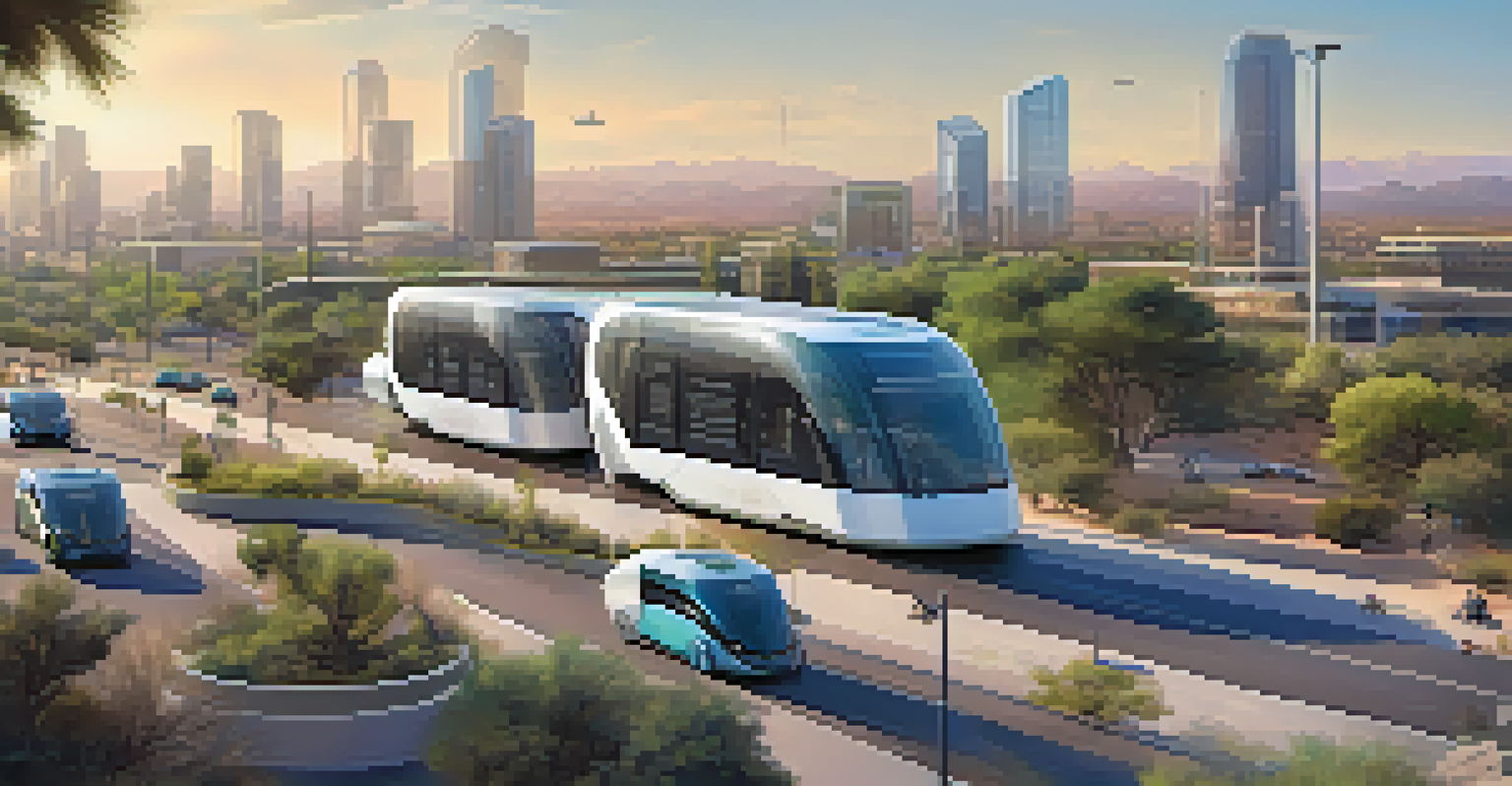 A futuristic scene of autonomous shuttles in a smart city environment with modern architecture and greenery.