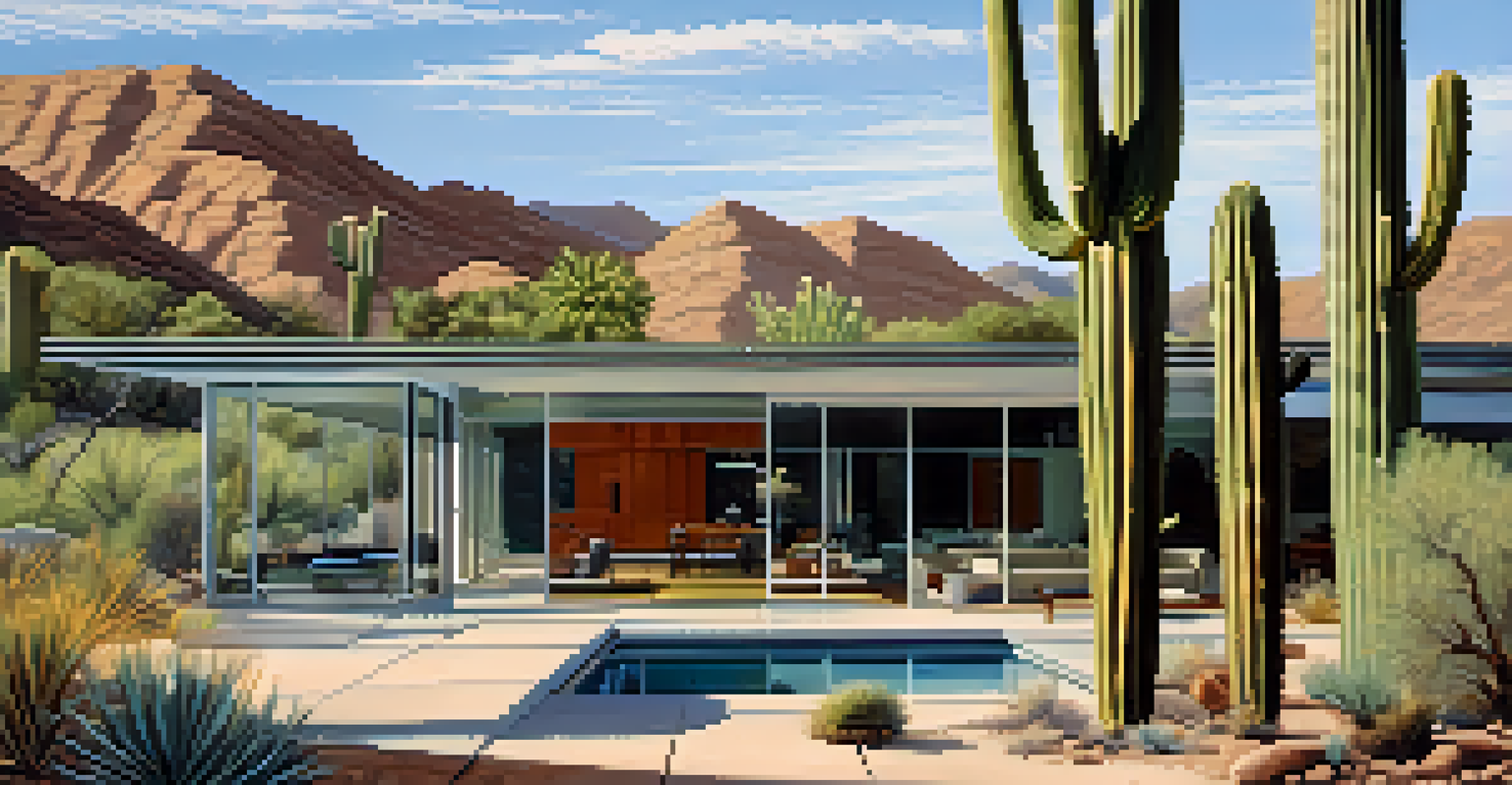 A modern mid-century home in Tucson with large windows, blending indoor and outdoor living spaces against a desert backdrop.