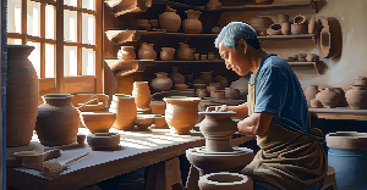 An artisan working on a pottery wheel in a sunlit workshop, surrounded by various pottery pieces.