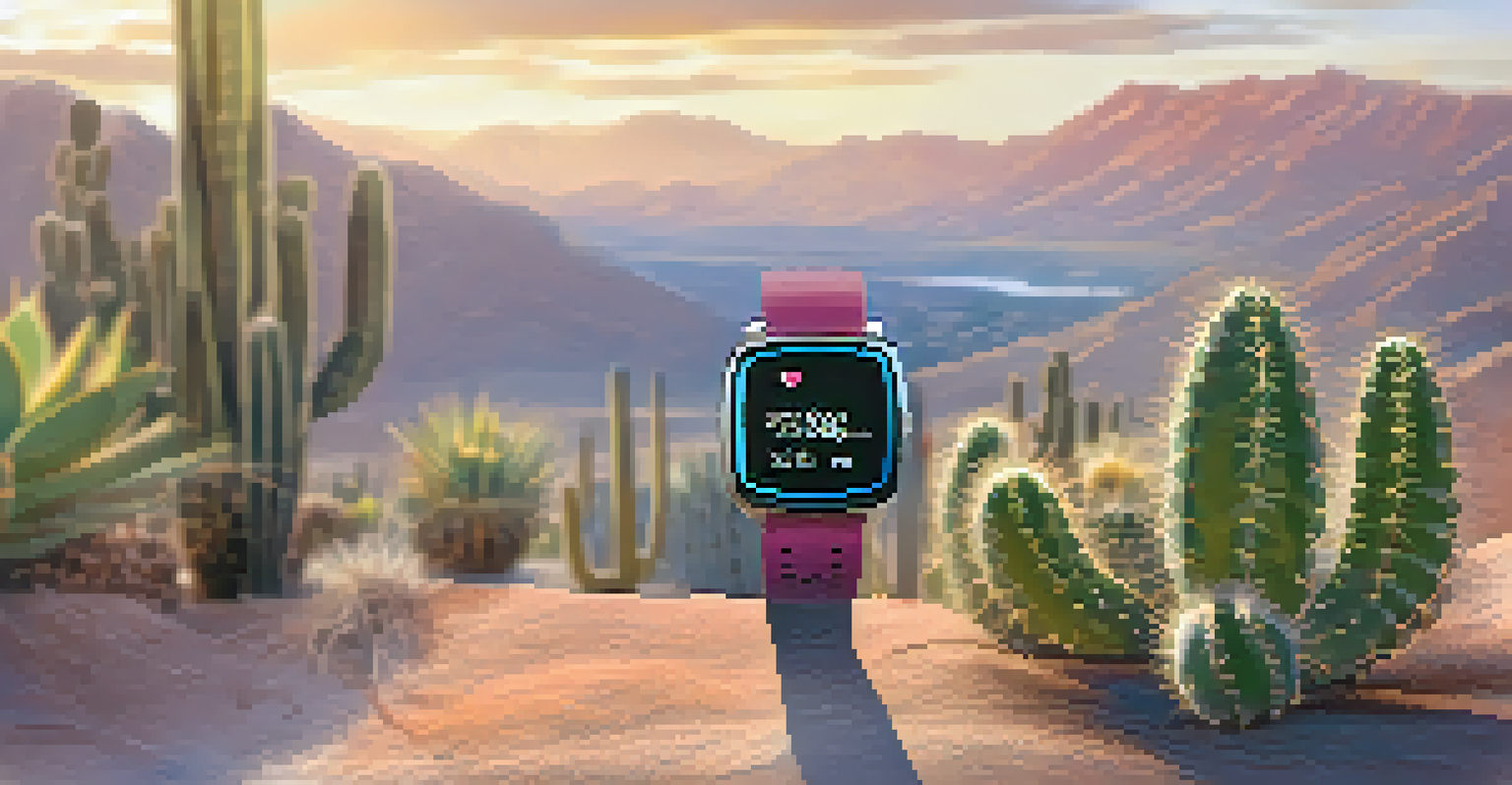 A close-up of a wearable fitness tracker on an athlete's wrist during a run in a sunny Tucson landscape, showing data on heart rate and distance.
