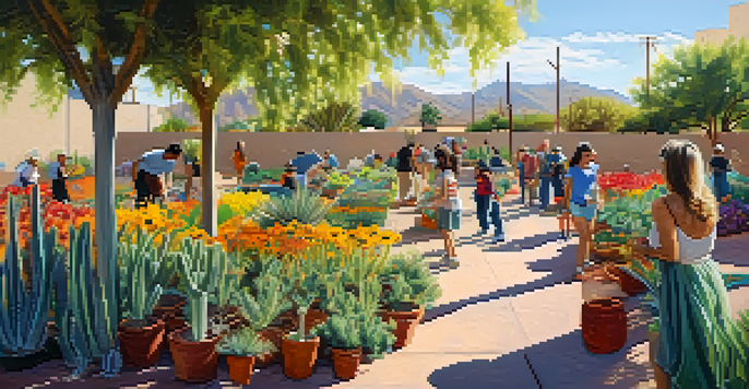 A lively community garden in Tucson with diverse plants and people interacting, enjoying the sunny environment.
