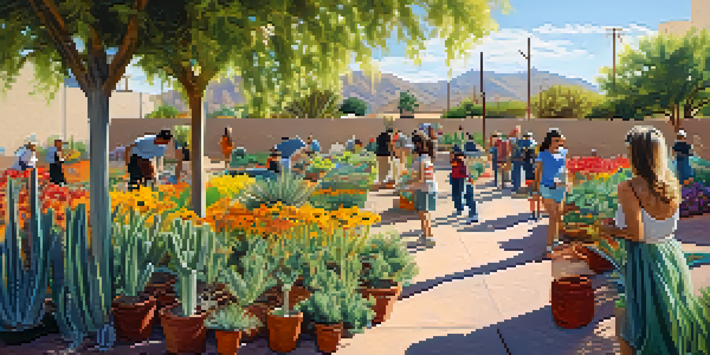 A lively community garden in Tucson with diverse plants and people interacting, enjoying the sunny environment.