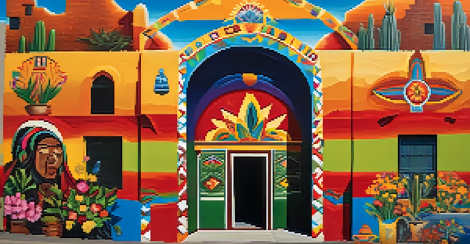 A colorful mural illustrating Mexican culture, with bright flowers and traditional symbols, and people admiring it in a sunny urban setting.