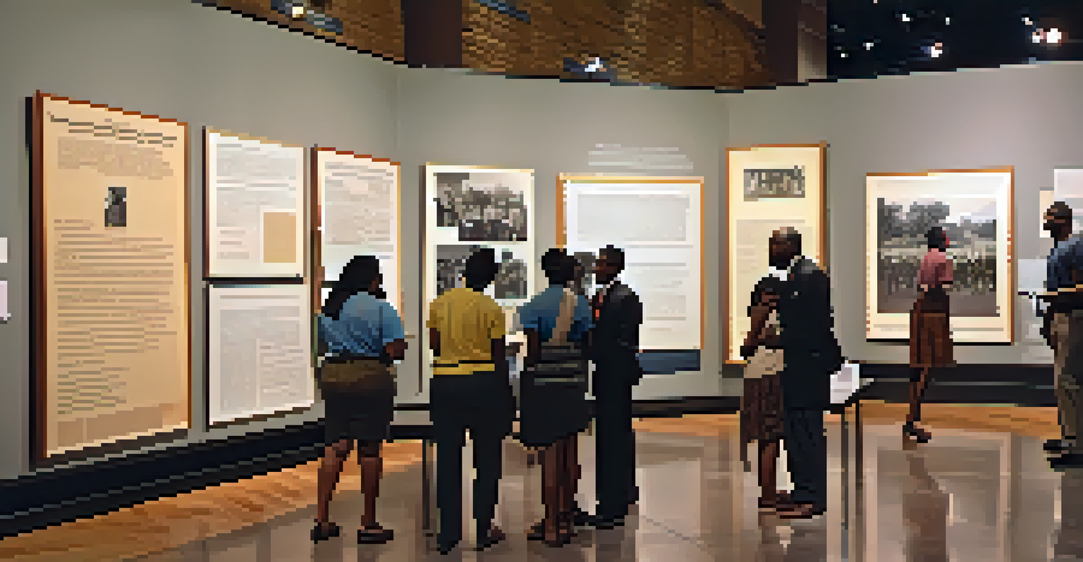 A museum exhibit showcasing Tucson's civil rights history, with photographs and artifacts displayed while visitors engage with the content.