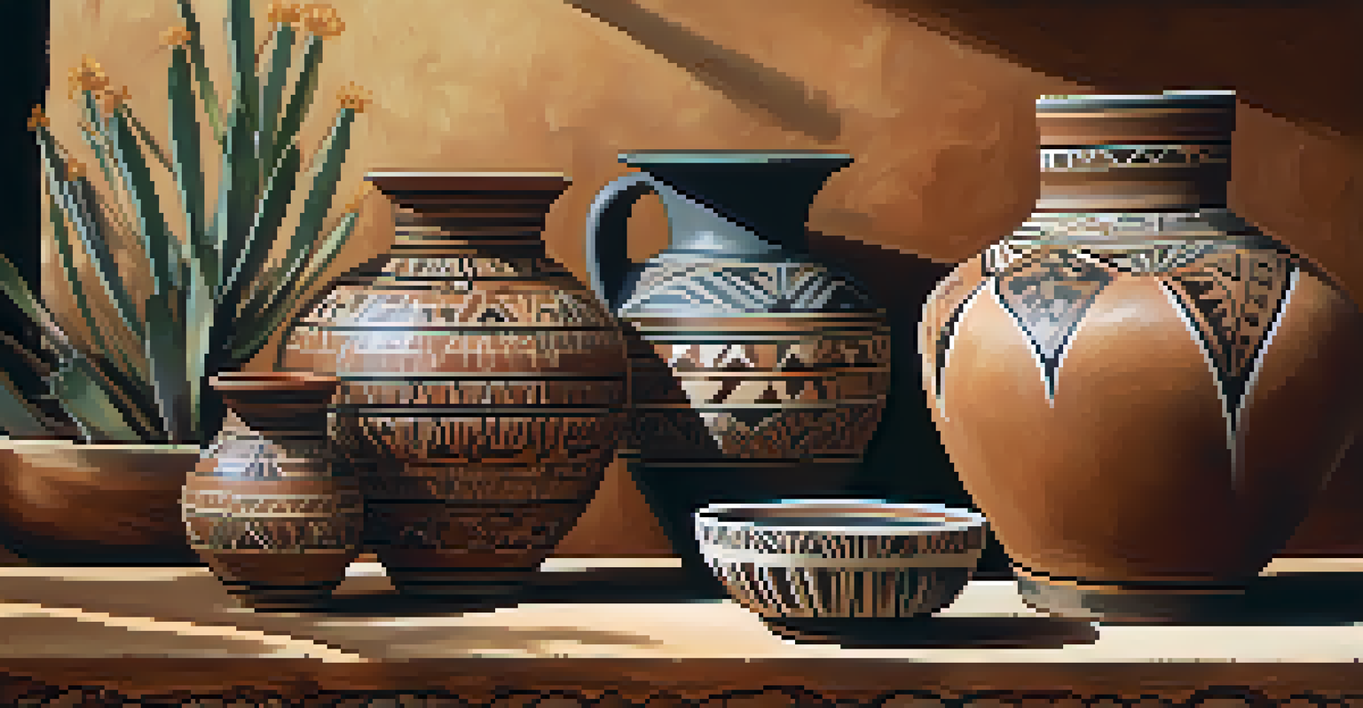 A close-up of beautifully crafted Native American pottery with intricate designs, displayed on a wooden table with desert plants in the background.