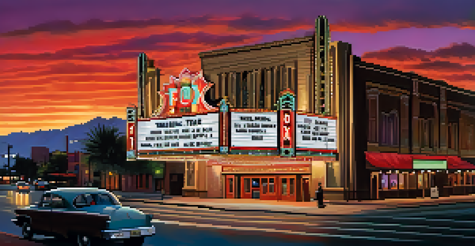 The restored Fox Theatre with glowing neon lights at twilight, showcasing Tucson's cultural heritage.