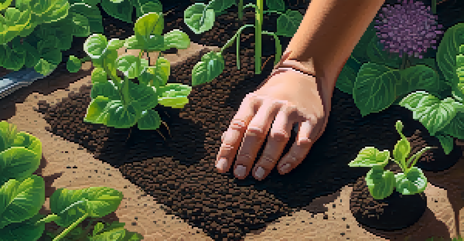 Close-up of hands planting seeds in soil within a community garden, surrounded by greenery.