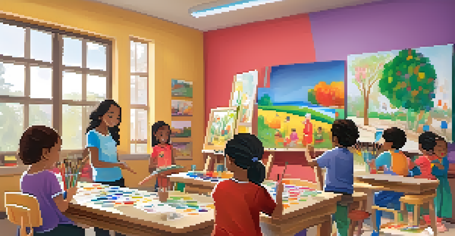 Children engaged in an art workshop, painting on canvases with vibrant colors in a bright and cheerful classroom filled with art supplies and their own artworks.