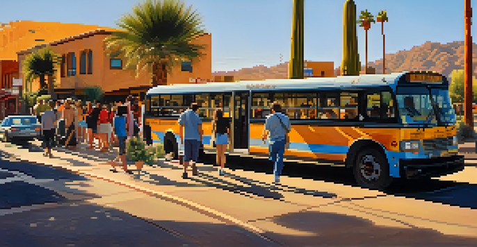 A busy Tucson street with a modern bus, colorful murals, and desert plants under a sunset sky.