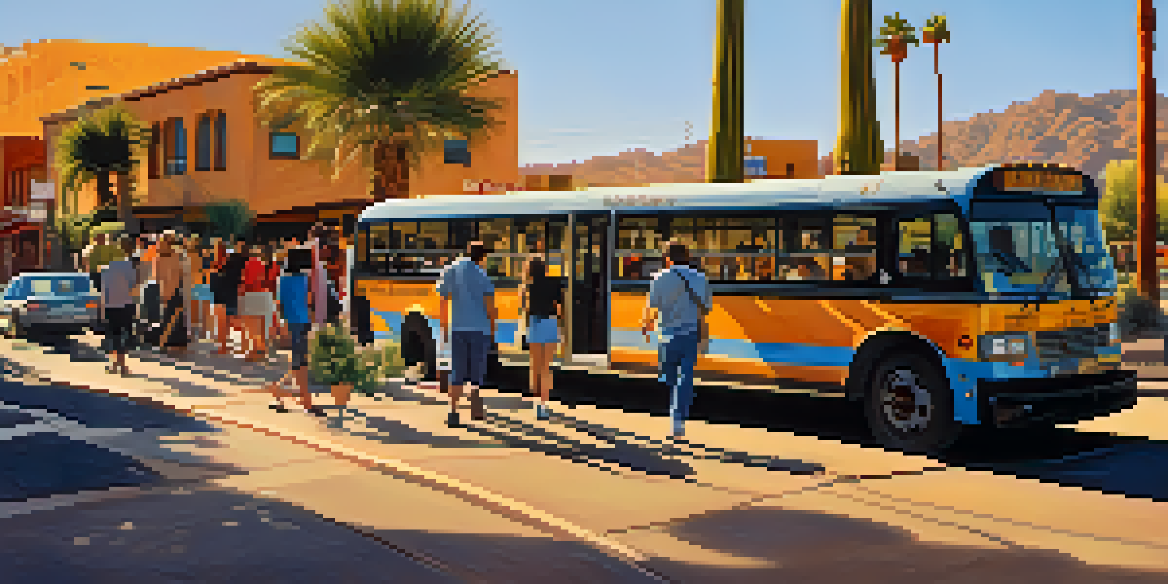 A busy Tucson street with a modern bus, colorful murals, and desert plants under a sunset sky.