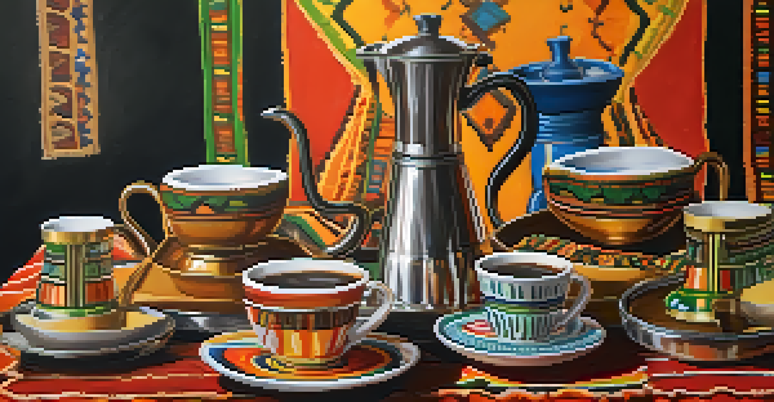 An Ethiopian coffee ceremony with a jebena, colorful fabrics, and small cups of coffee in a vibrant cafe.