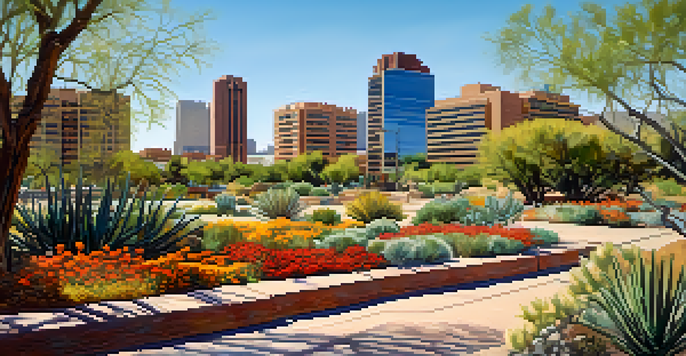 A colorful urban park in Tucson with families having picnics and children playing, surrounded by native desert plants and modern buildings.