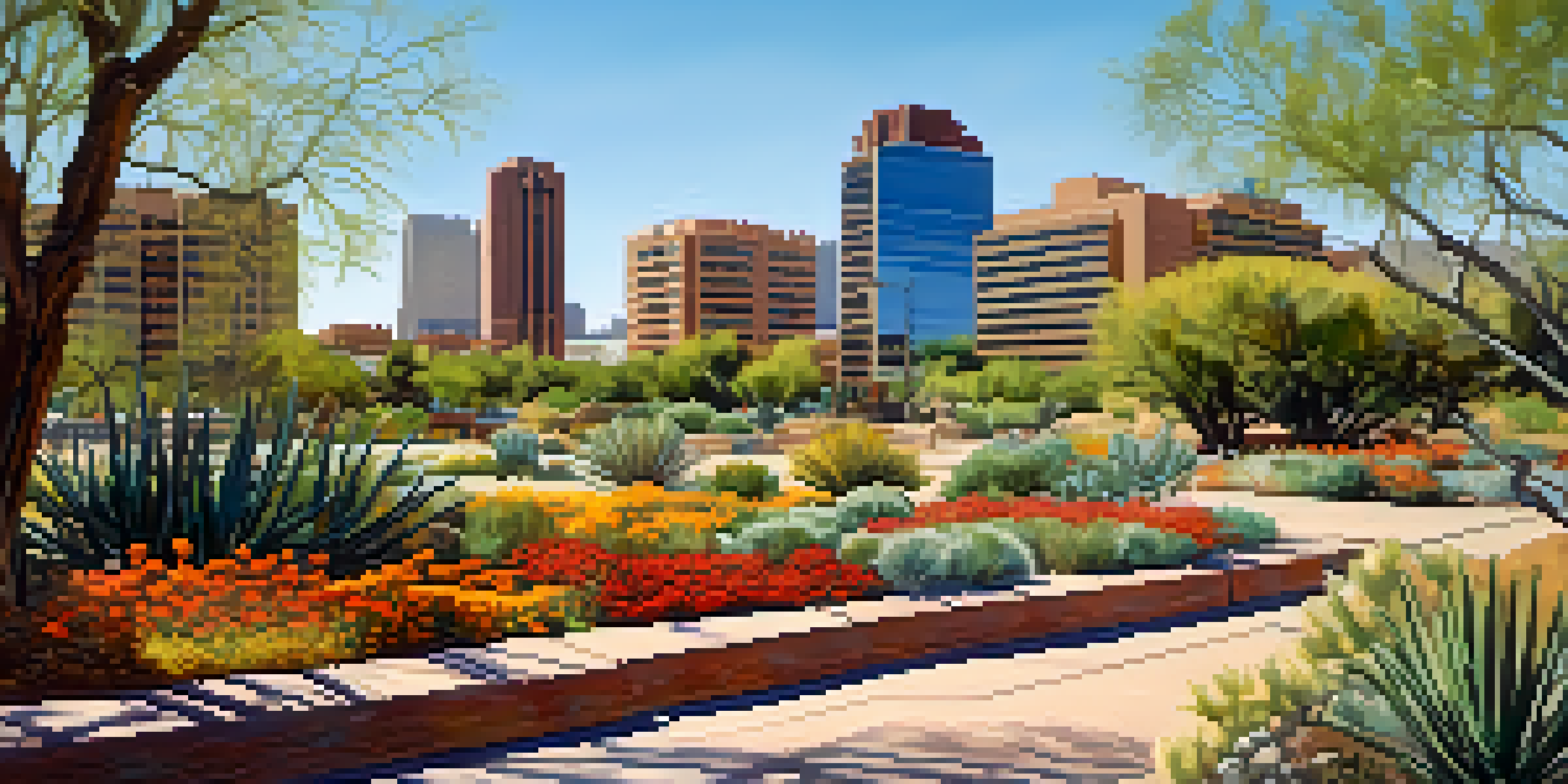 A colorful urban park in Tucson with families having picnics and children playing, surrounded by native desert plants and modern buildings.