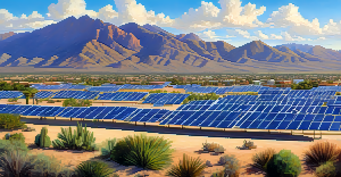 A wide view of Tucson, Arizona, with solar panels and desert mountains under a clear blue sky.