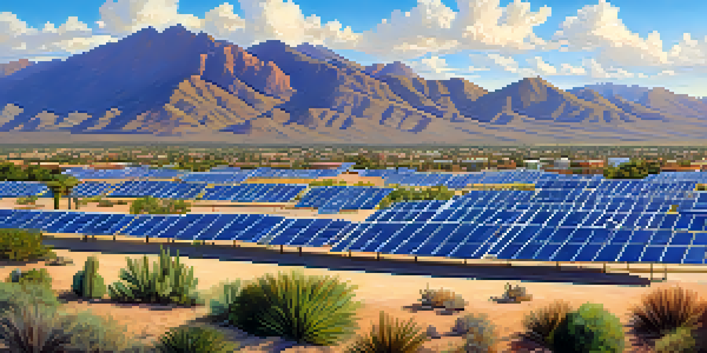 A wide view of Tucson, Arizona, with solar panels and desert mountains under a clear blue sky.