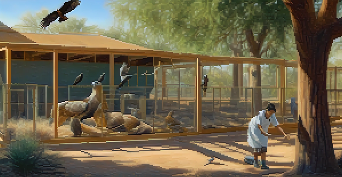 A volunteer caring for a young hawk at a wildlife rehabilitation center, with other animals in the background, illuminated by warm sunlight.