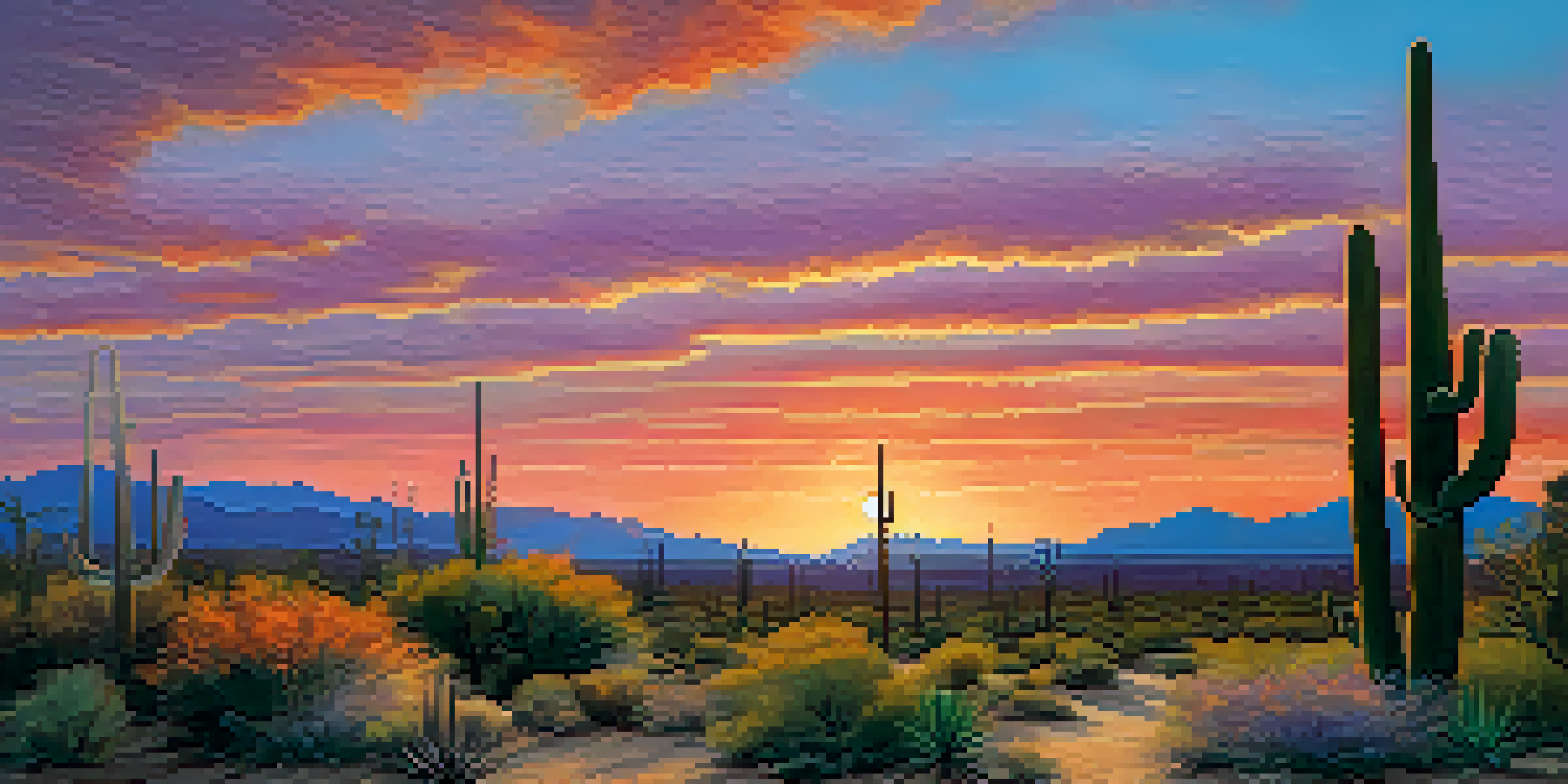 A beautiful sunset over the Sonoran Desert with a saguaro cactus and colorful sky.
