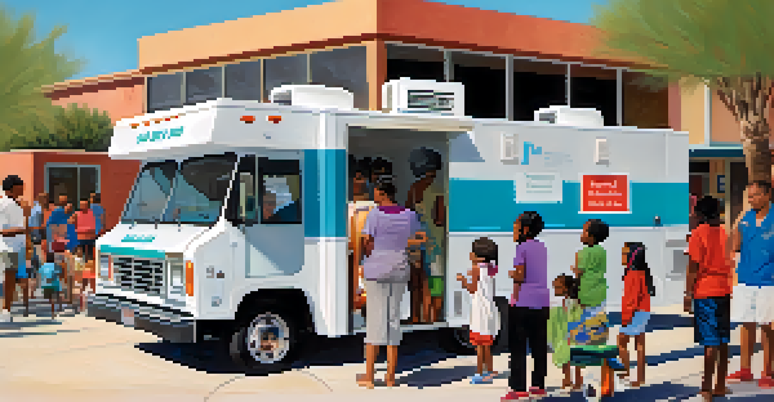 A Mobile Health Clinic in a Tucson neighborhood, with residents waiting for health screenings and a sense of community around.
